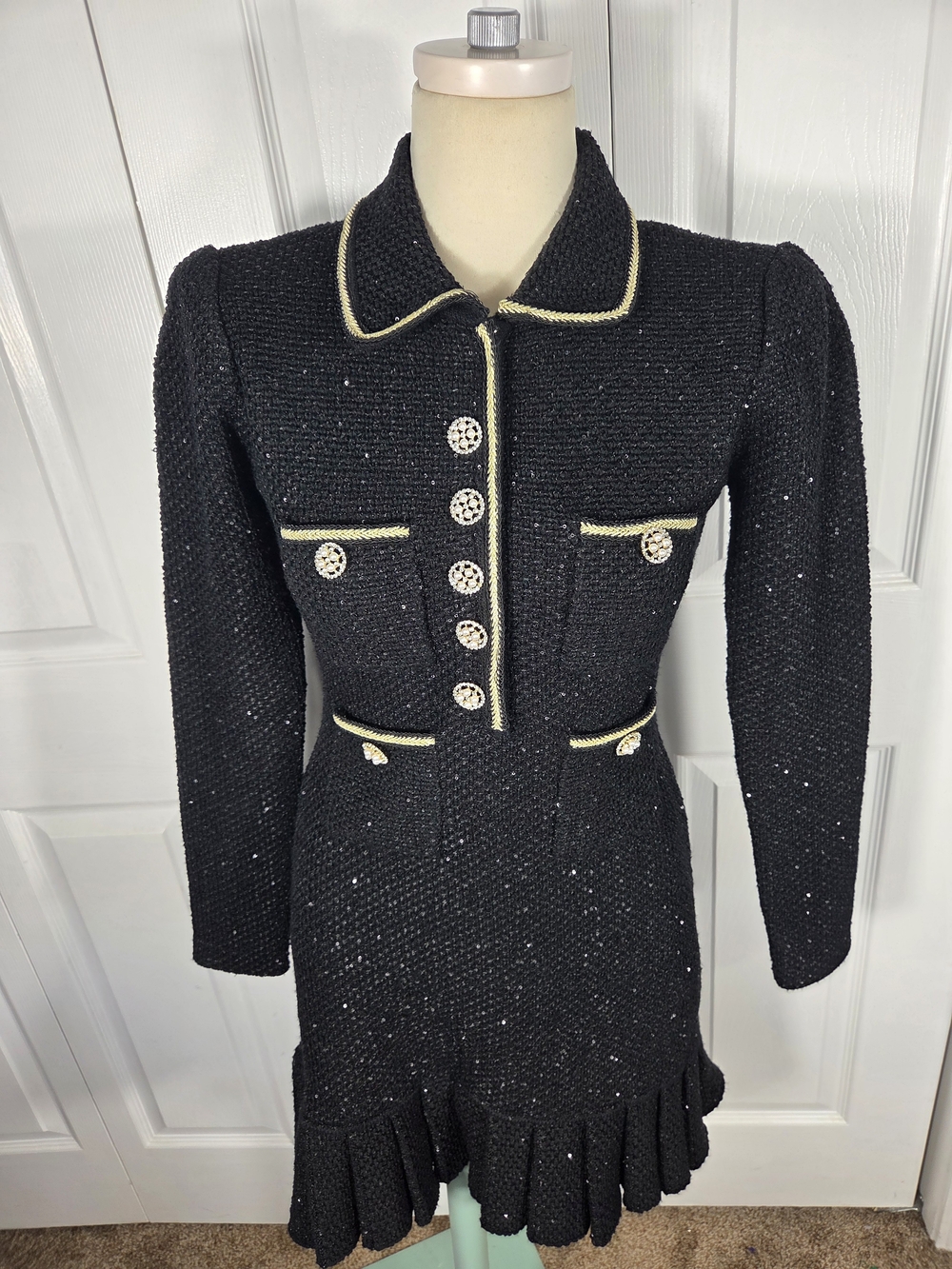 Sierra Darien Black Tweed Knit Mini Dress S Sequin Pearl Button Ruffle Hem